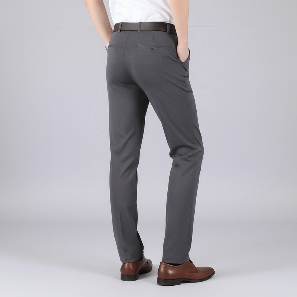Dunkelgraue Marco Herren Stretch-Hose mit geradem Schnitt, Knopfdetail an der Gesäßtasche und bequemem, elastischem Stoff.