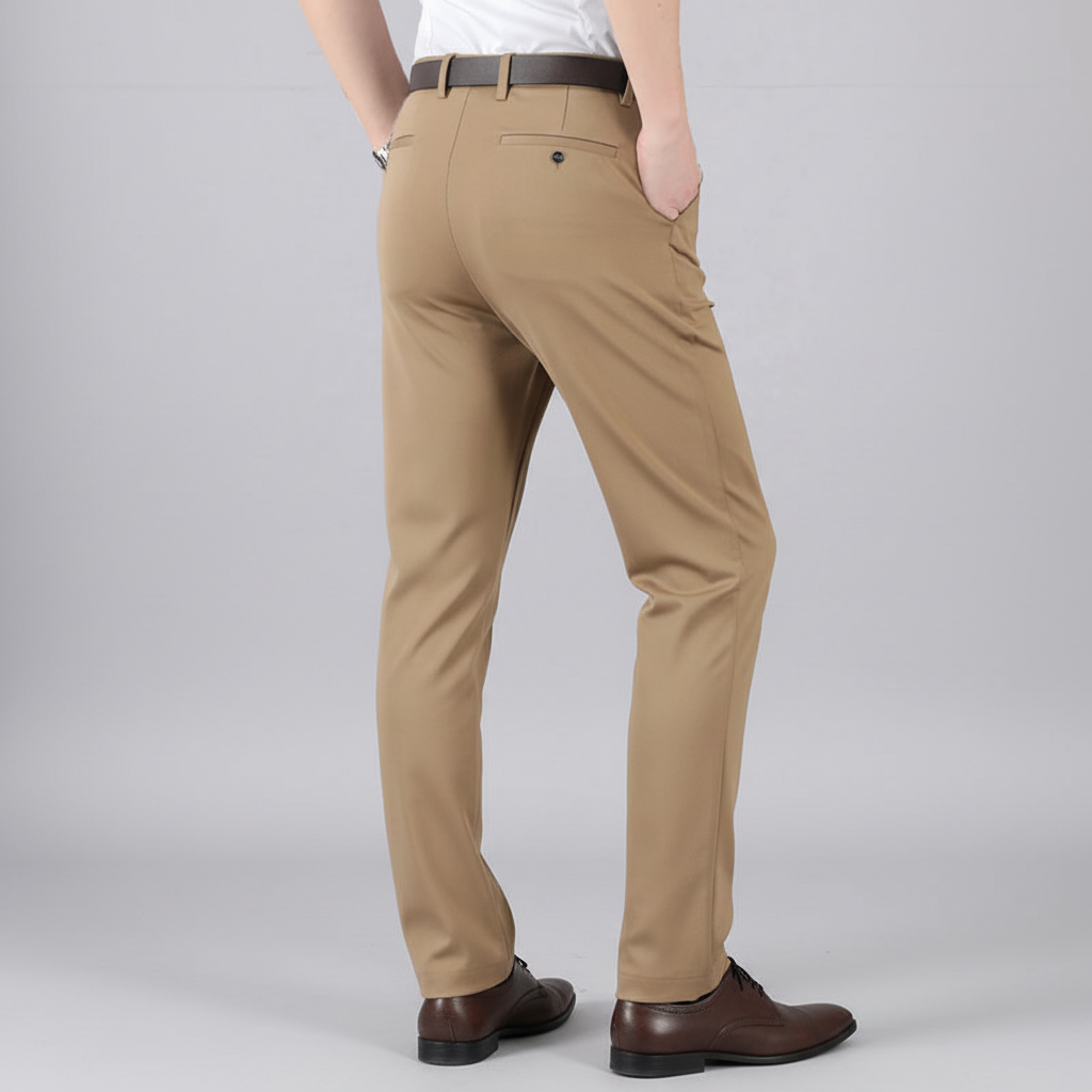 Beigefarbene Marco Herren Stretch-Hose mit geradem Schnitt, Knopf-Gesäßtaschen und bequemem, elastischem Material.