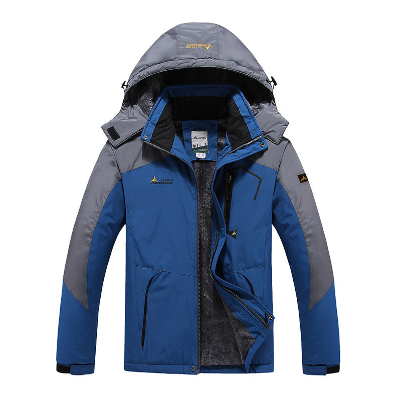 Blaue Herren-Winterjacke mit Kapuze, wasserabweisendem Material und wärmendem Fleece-Innenfutter für kalte Tage.