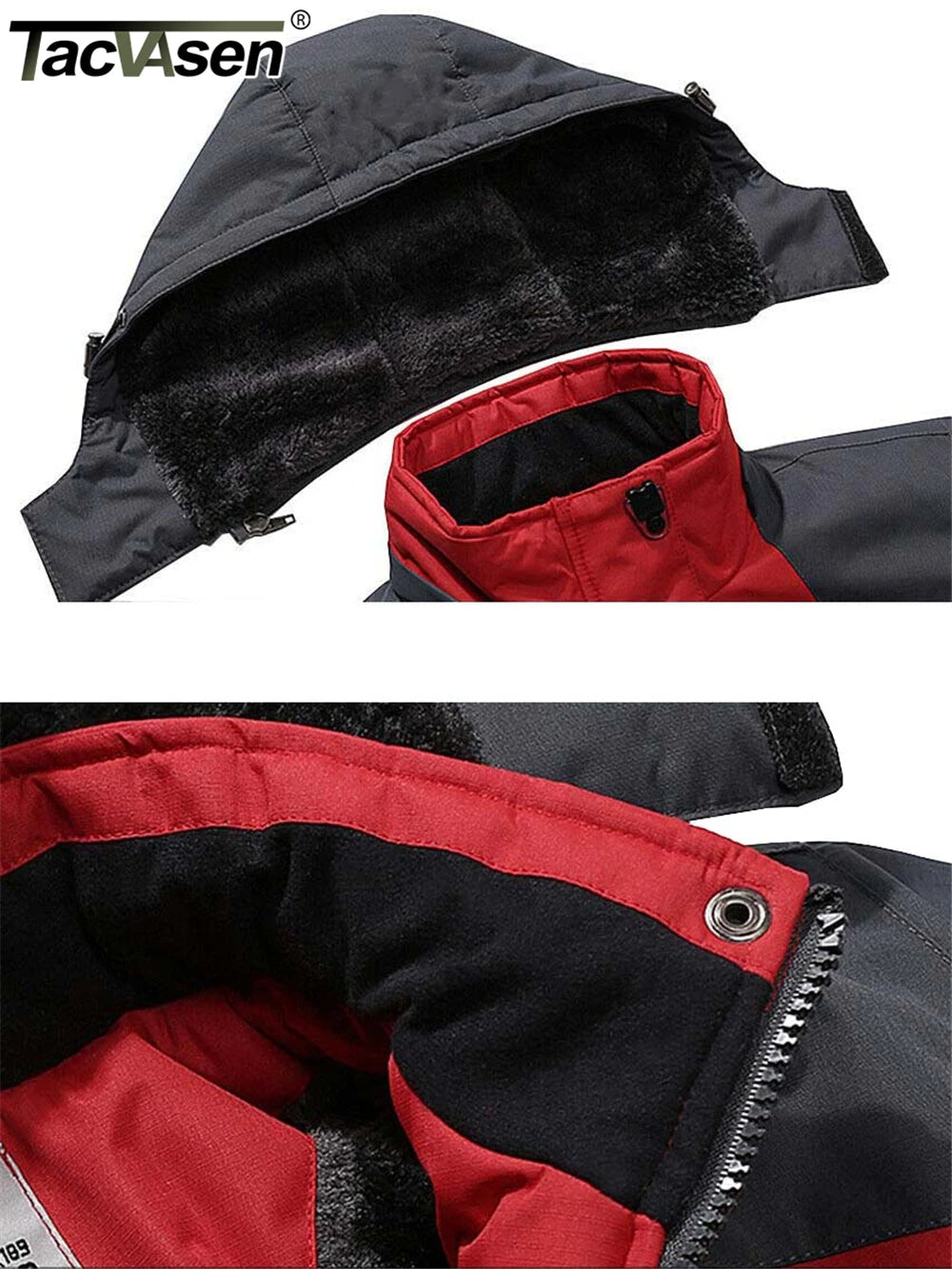 Schwarze und rote Herren-Winterjacke mit weichem Fleece-Futter, abnehmbarer Kapuze und robustem, wasserabweisendem Material.
