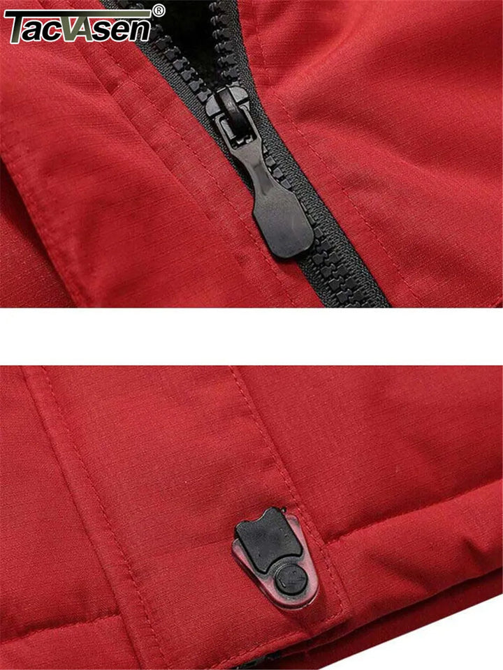 Rote Marco Winterjacke mit robustem Reißverschluss, wasserabweisendem Material und weichem Fleece-Innenfutter.