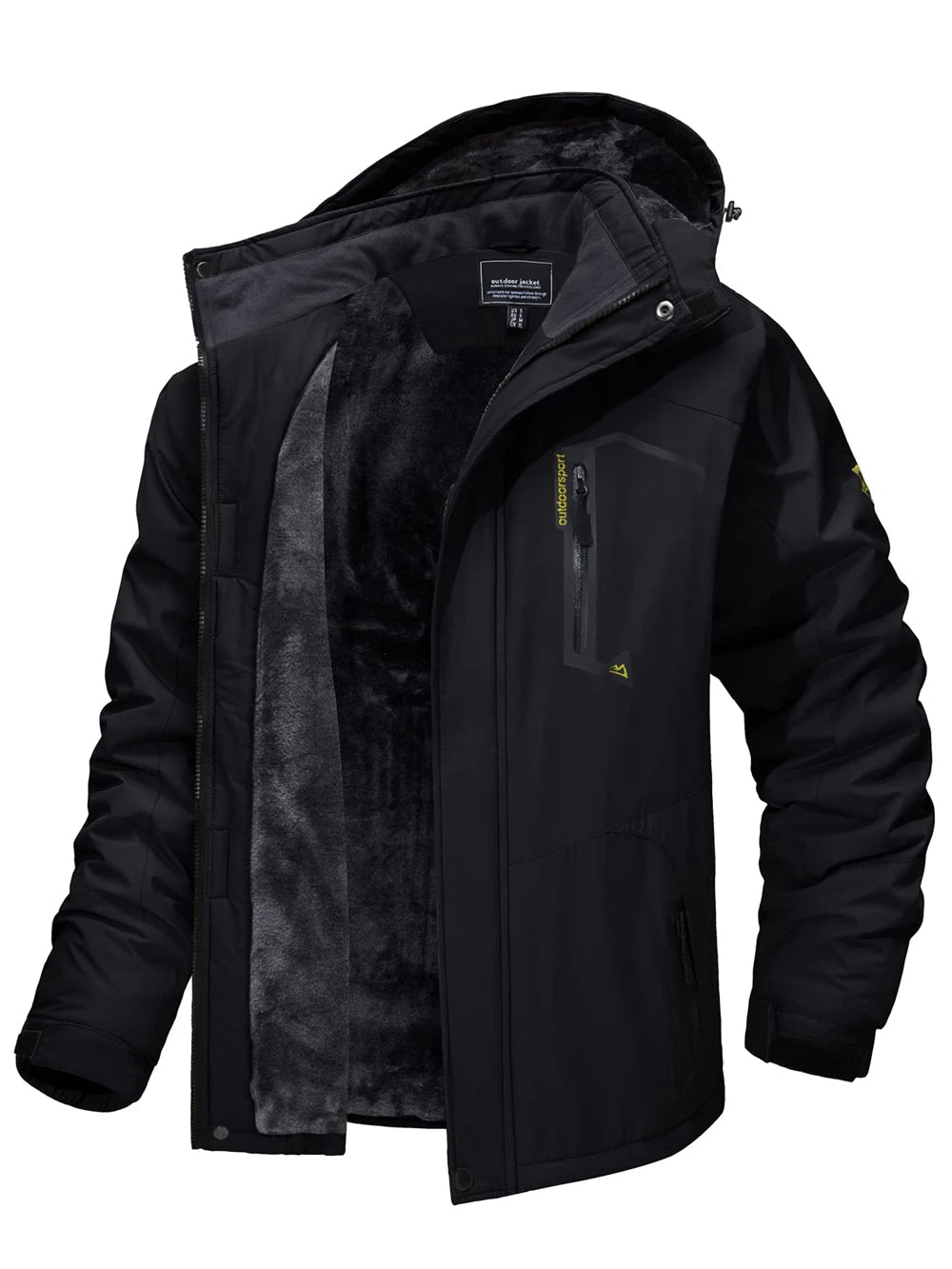 Schwarze Marco Herren-Winterjacke mit weichem Fleece-Futter, wasserabweisender Oberfläche und praktischer Kapuze.