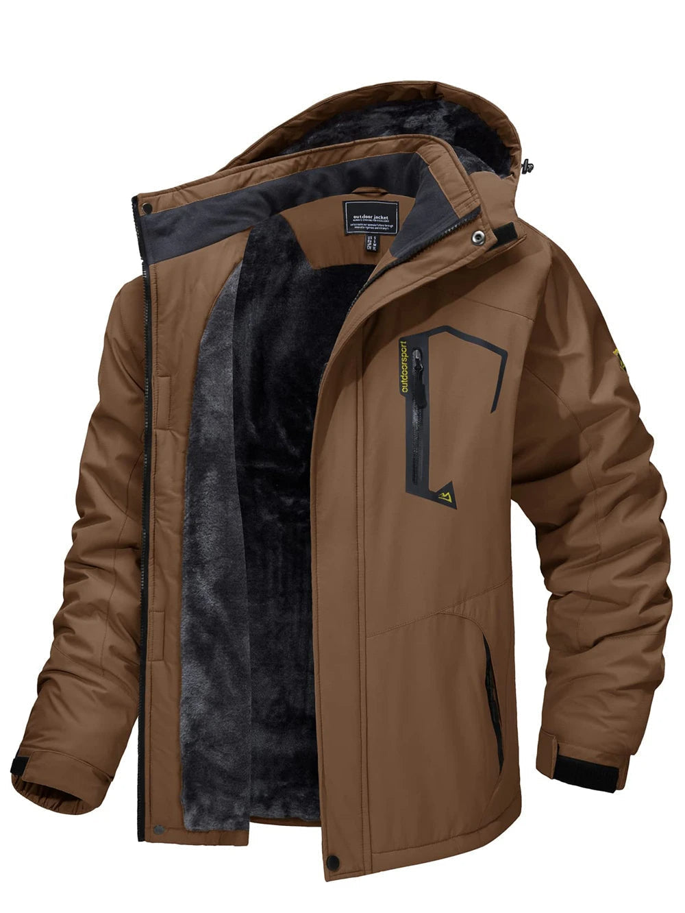 Braune Marco Herren-Winterjacke mit weichem Fleece-Futter, wasserabweisender Oberfläche und praktischer Kapuze.