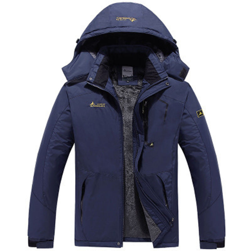 Dunkelblaue Herren-Winterjacke mit Kapuze, wasserabweisendem Material und warmem Fleece-Innenfutter für kalte Tage.