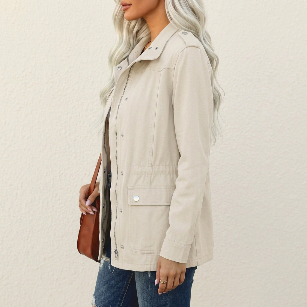 Beigefarbene Damen-Utility-Jacke mit Stehkragen, Reißverschluss, Druckknopfleiste und aufgesetzten Klappentaschen.
