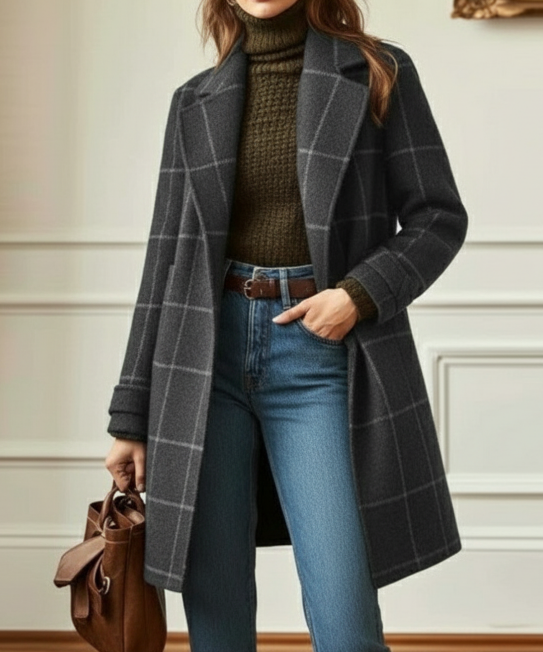 Dunkelgrauer Wollmantel mit Karomuster, Reverskragen und lockerer Passform, kombiniert mit Rollkragenpullover und Jeans.