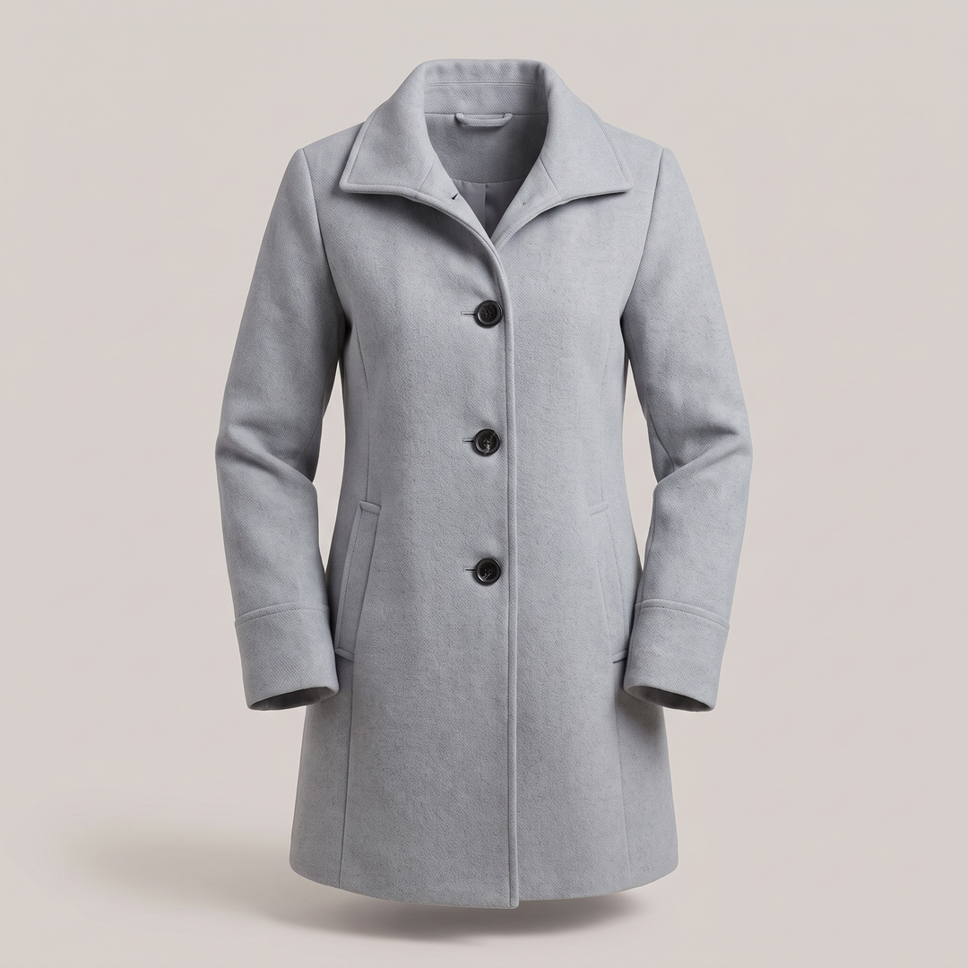 Eleganter grauer Damen-Wintermantel aus Wolle mit klassischem Stehkragen, geradem Schnitt und Knopfleiste.