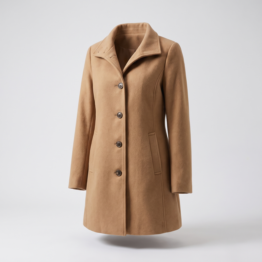 Klassischer beigefarbener Damen-Wintermantel aus Wolle mit geradem Schnitt, Stehkragen und eleganter Knopfleiste.