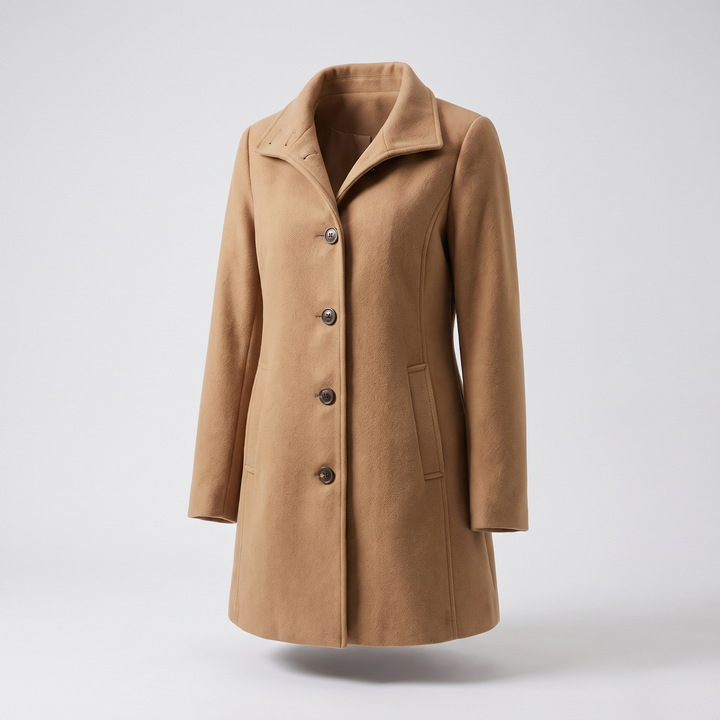 Klassischer beigefarbener Damen-Wintermantel aus Wolle mit geradem Schnitt, Stehkragen und eleganter Knopfleiste.