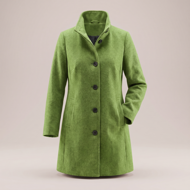 Eleganter, grasgrüner Damen-Wintermantel aus Wolle mit Stehkragen, Knopfleiste und geradem Schnitt für einen zeitlosen Look.