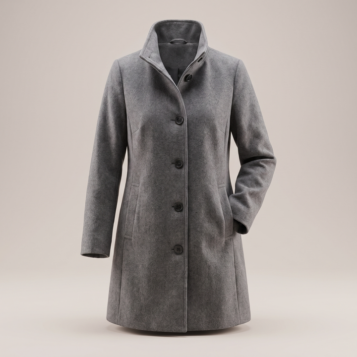 Eleganter grauer Damen-Wintermantel aus Wolle mit Stehkragen, Knopfleiste und geradem Schnitt für einen zeitlosen Look.
