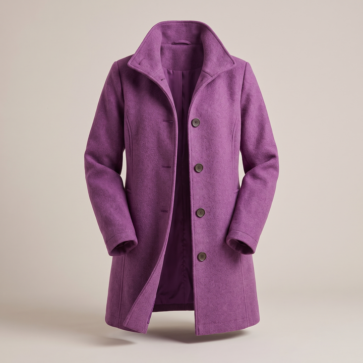 Eleganter, violetter Damen-Wintermantel aus Wolle mit klassischem Stehkragen, Knopfleiste und geradem Schnitt.