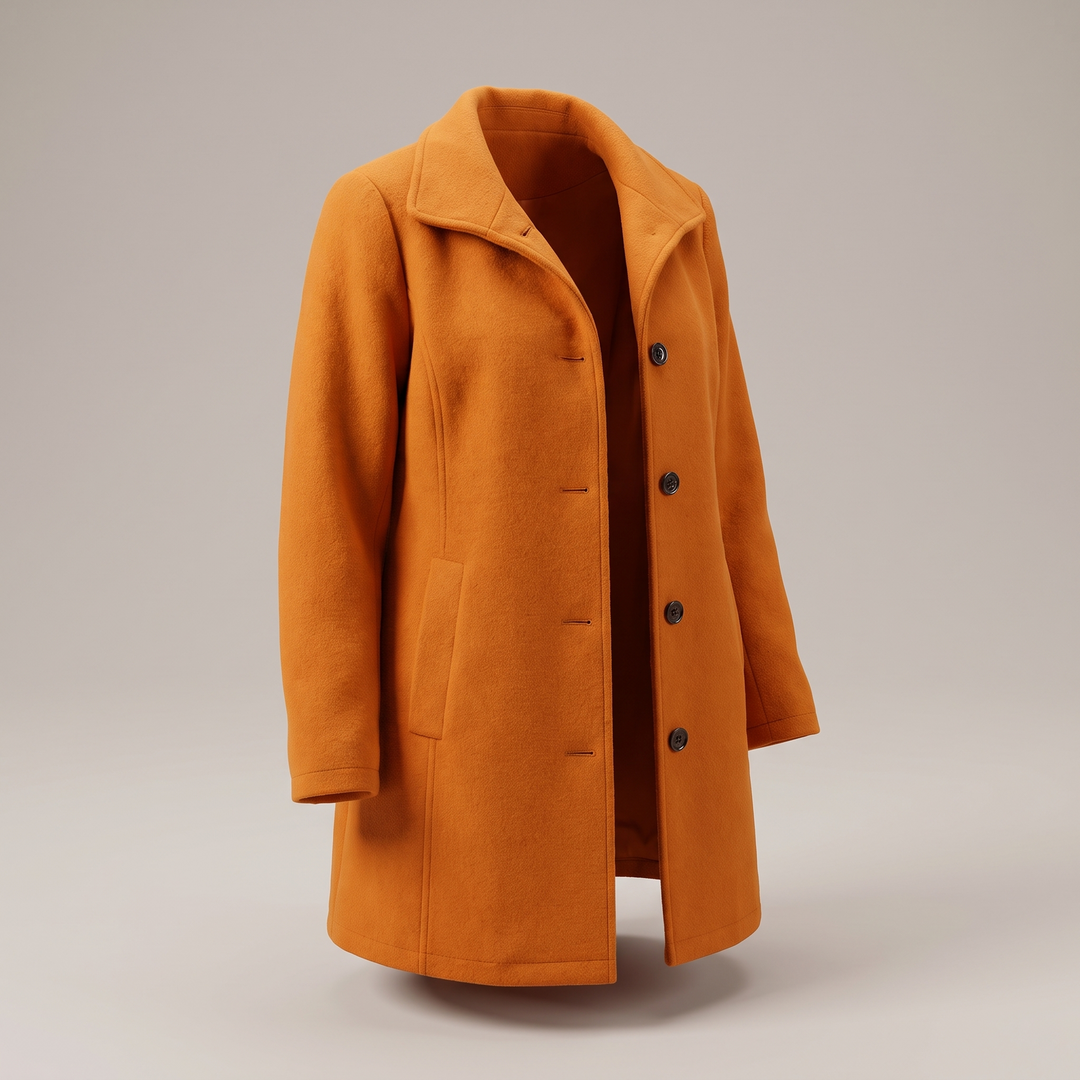 Eleganter, orangefarbener Damen-Wintermantel aus Wolle mit geradem Schnitt, Stehkragen und klassischer Knopfleiste.