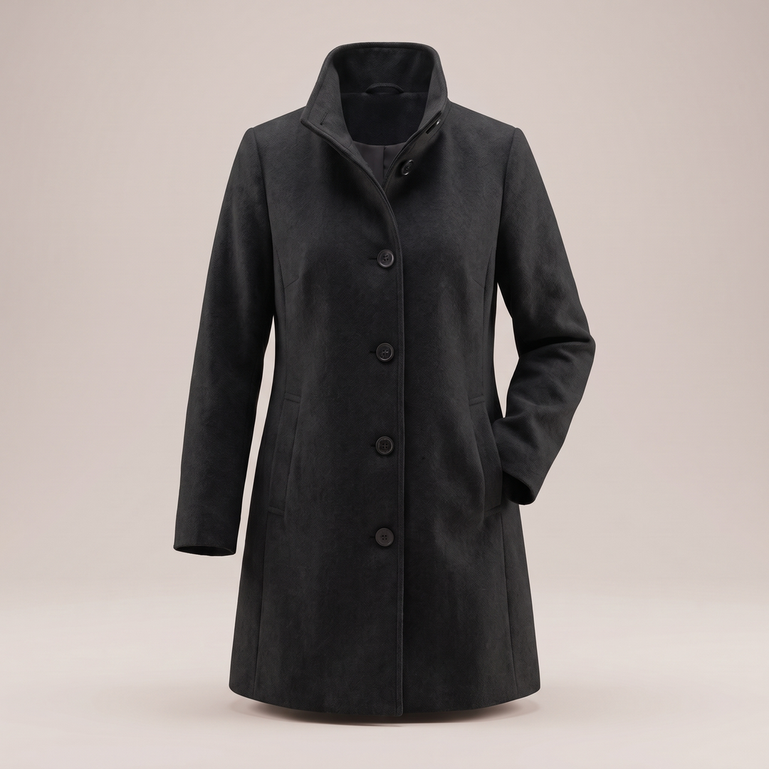 Schwarzer Damen-Wintermantel aus Wolle mit geradem Schnitt, Stehkragen und eleganter Knopfleiste für einen zeitlosen Look.