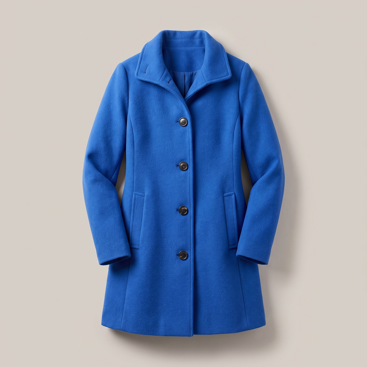 Eleganter, königsblauer Damen-Wintermantel aus Wolle mit geradem Schnitt, Stehkragen und klassischer Knopfleiste.