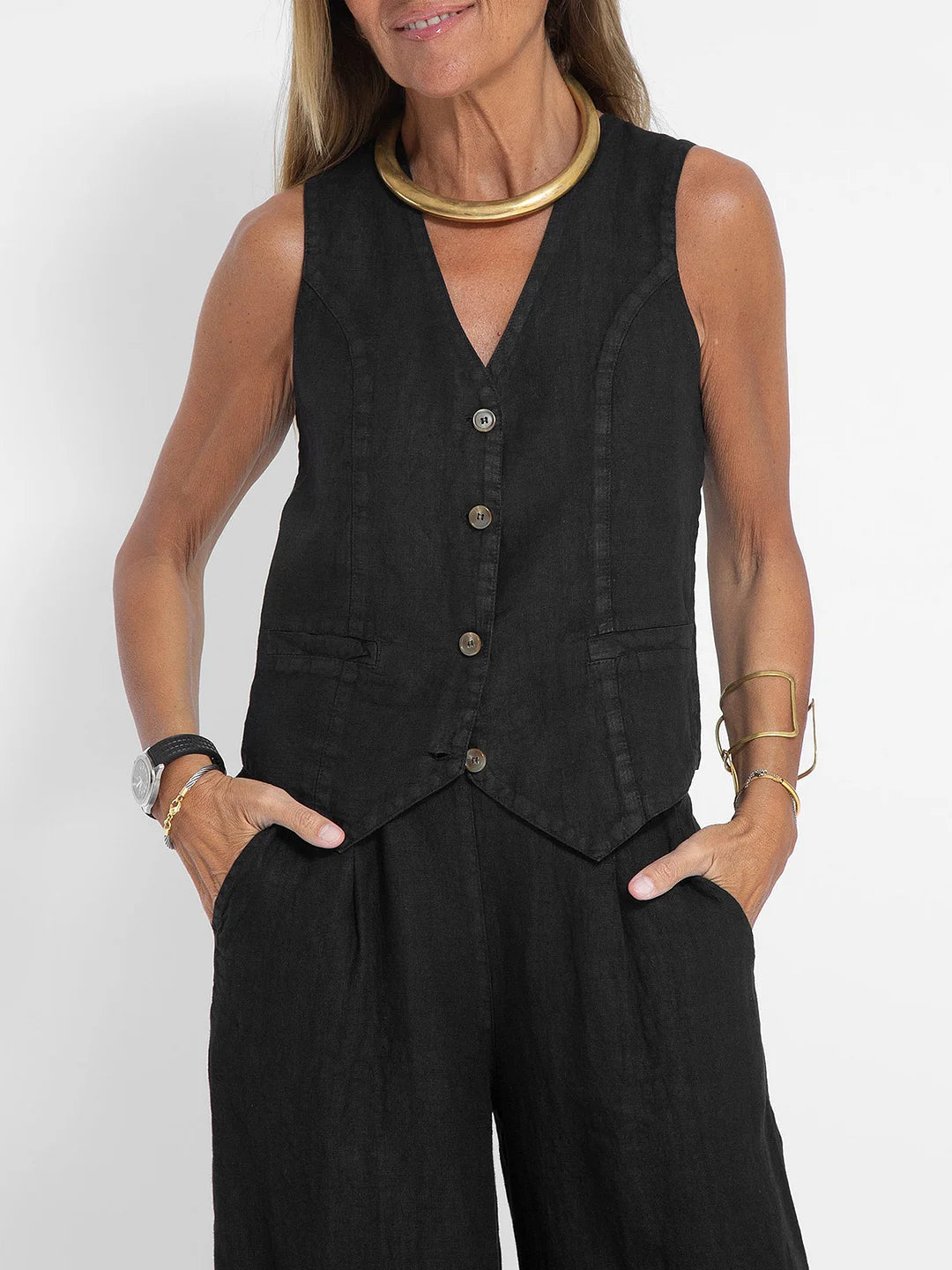 Melina | Damen Leinen Weste Zweiteiler