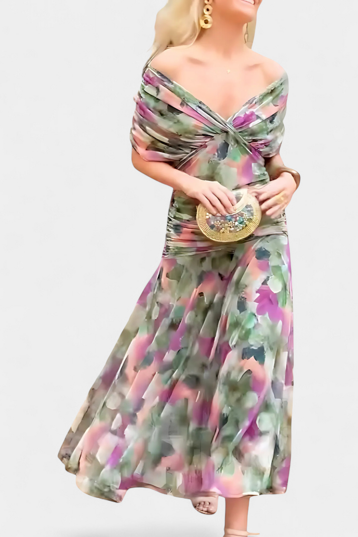 Elegantes Melina Maxikleid mit buntem Blumenmuster, V-Ausschnitt, geraffter Taille und fließendem, drapiertem Oberteil.