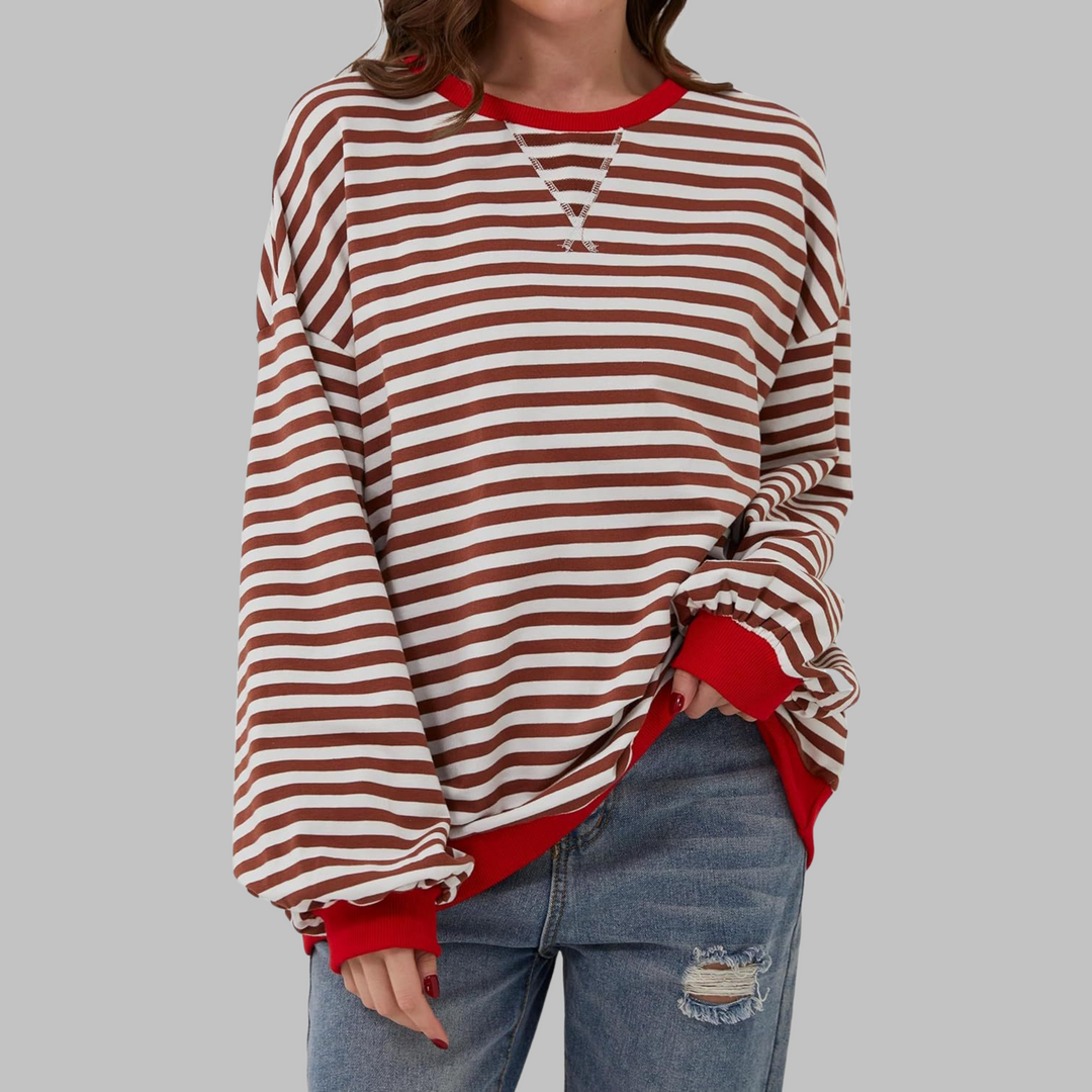Oversized gestreiftes Sweatshirt in Braun-Weiß mit rotem Rundhalsausschnitt und Bündchen für einen lässigen Look.