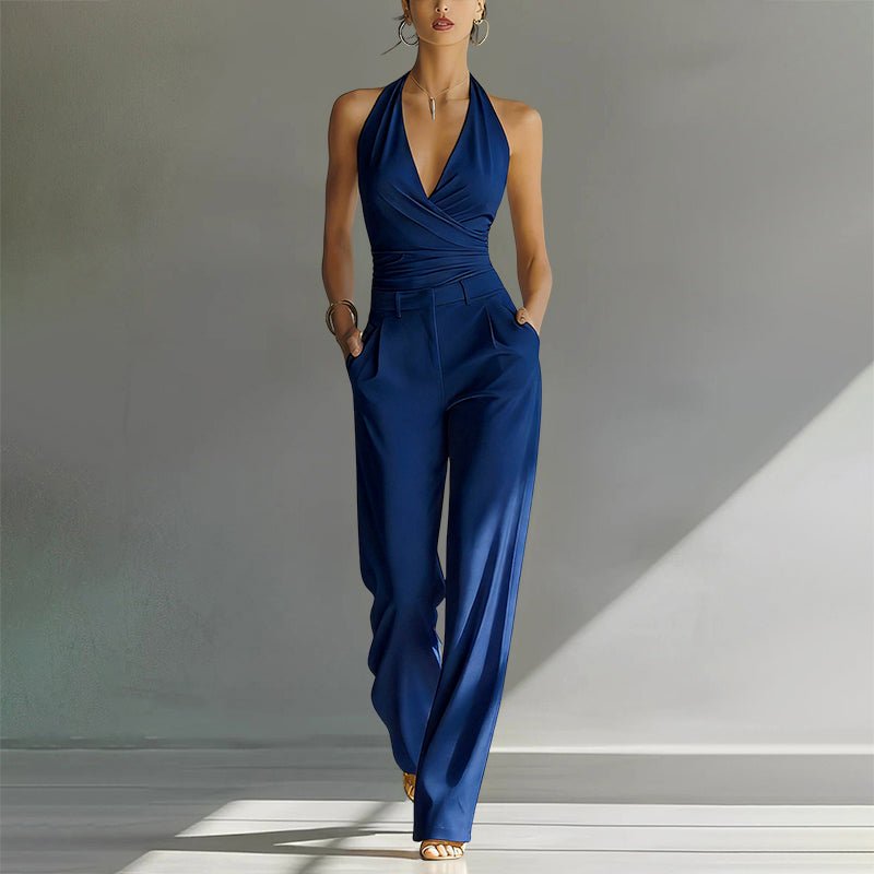 Blauer Mia Neckholder-Jumpsuit mit Wickeloptik und weitem Bein