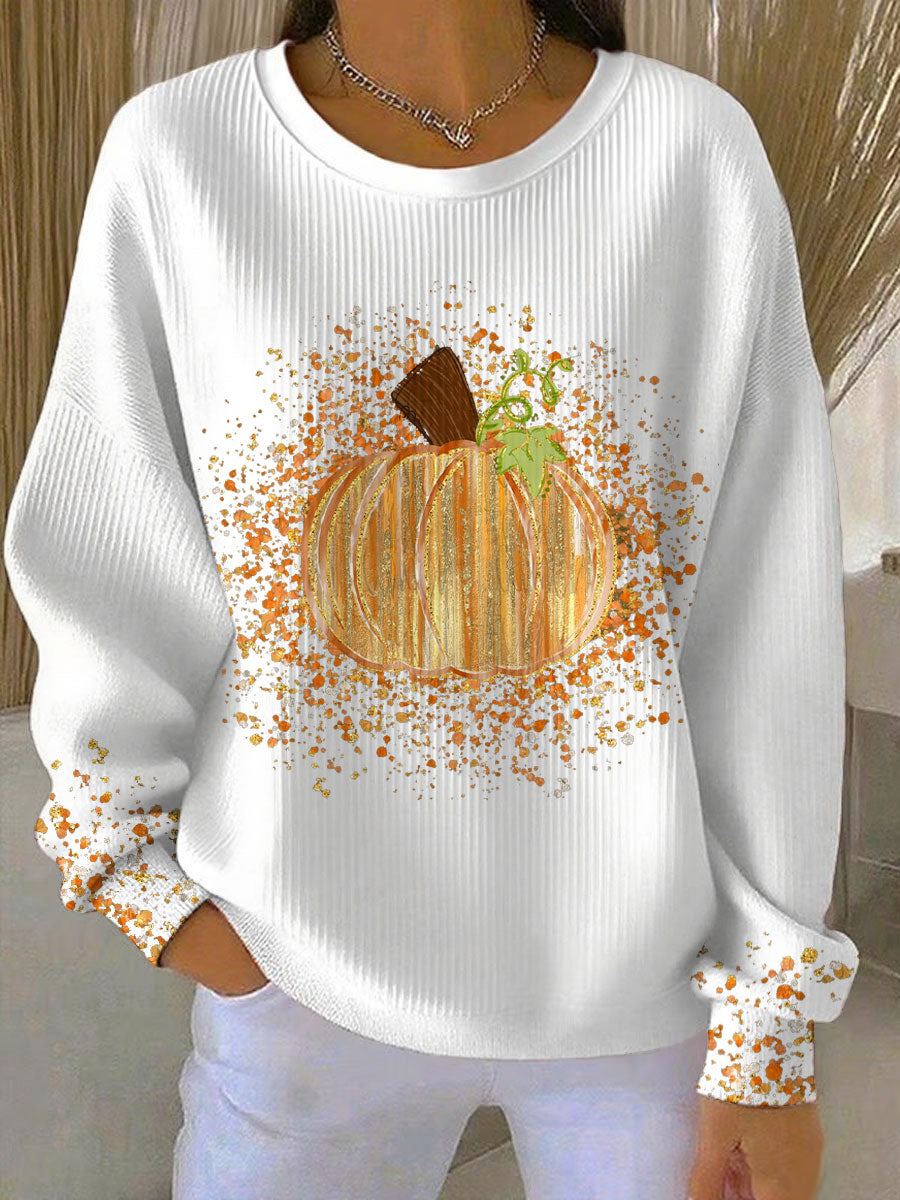 Weißes Damen-Sweatshirt aus geripptem Stoff mit buntem Kürbis-Print, Rundhalsausschnitt und herbstlichem Farbspritzer-Design.