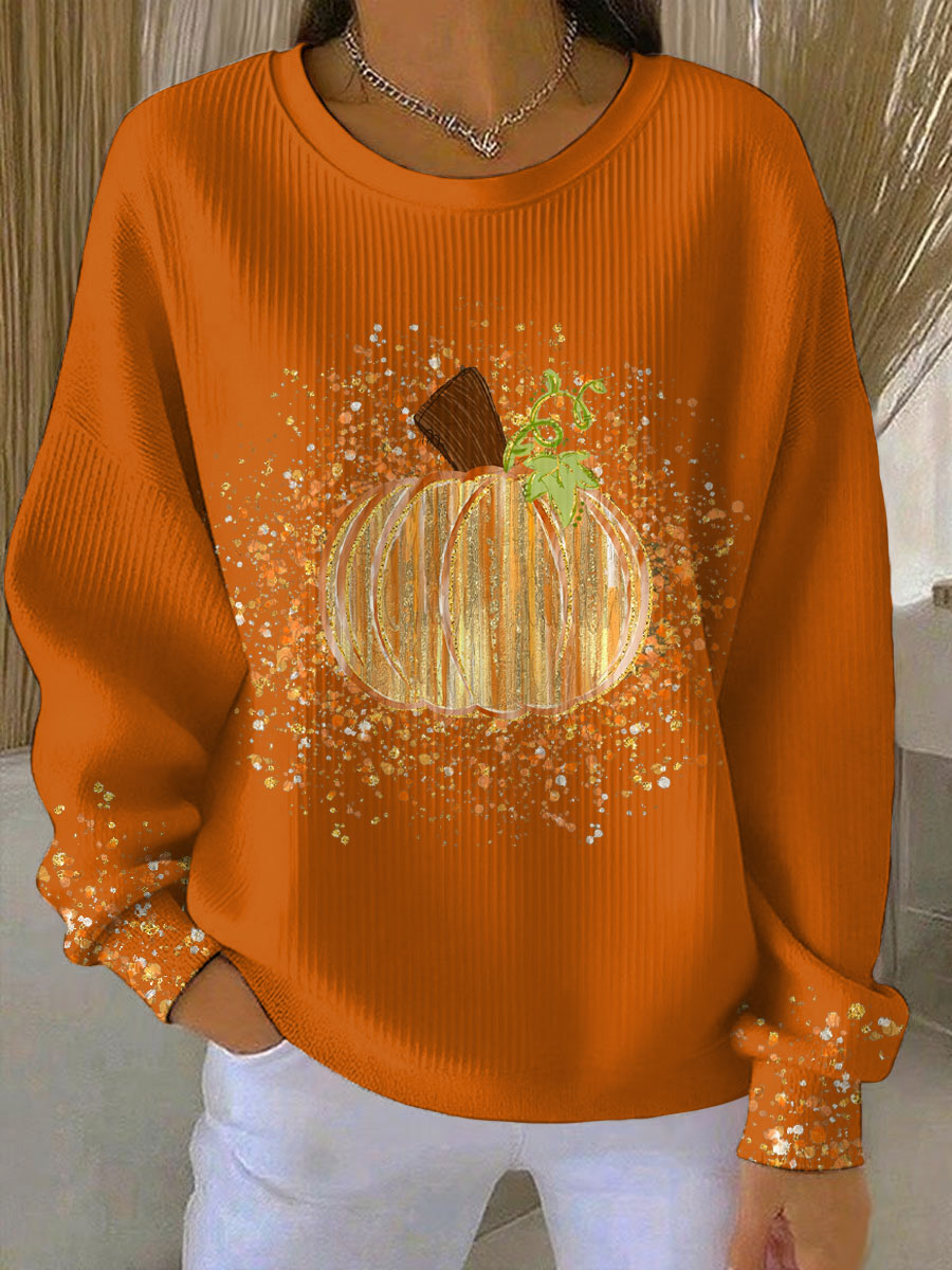 Oranges, geripptes Damen-Sweatshirt mit Rundhals, langem Arm und kunstvollem Kürbis-Print mit schimmernden Akzenten.