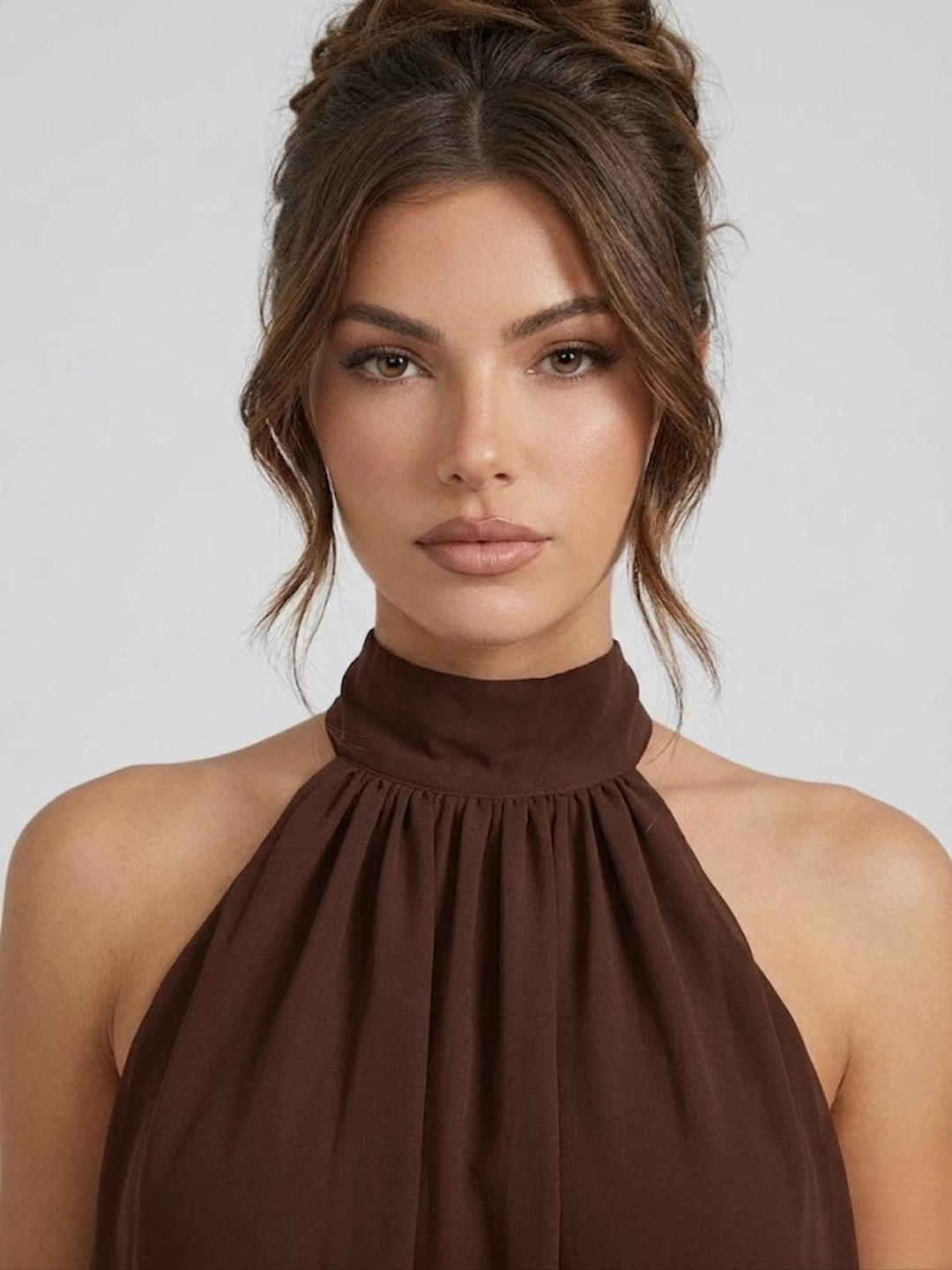 Dunkelbraunes Mira Minikleid mit elegantem Neckholder-Ausschnitt aus fließendem, leichtem Stoff.