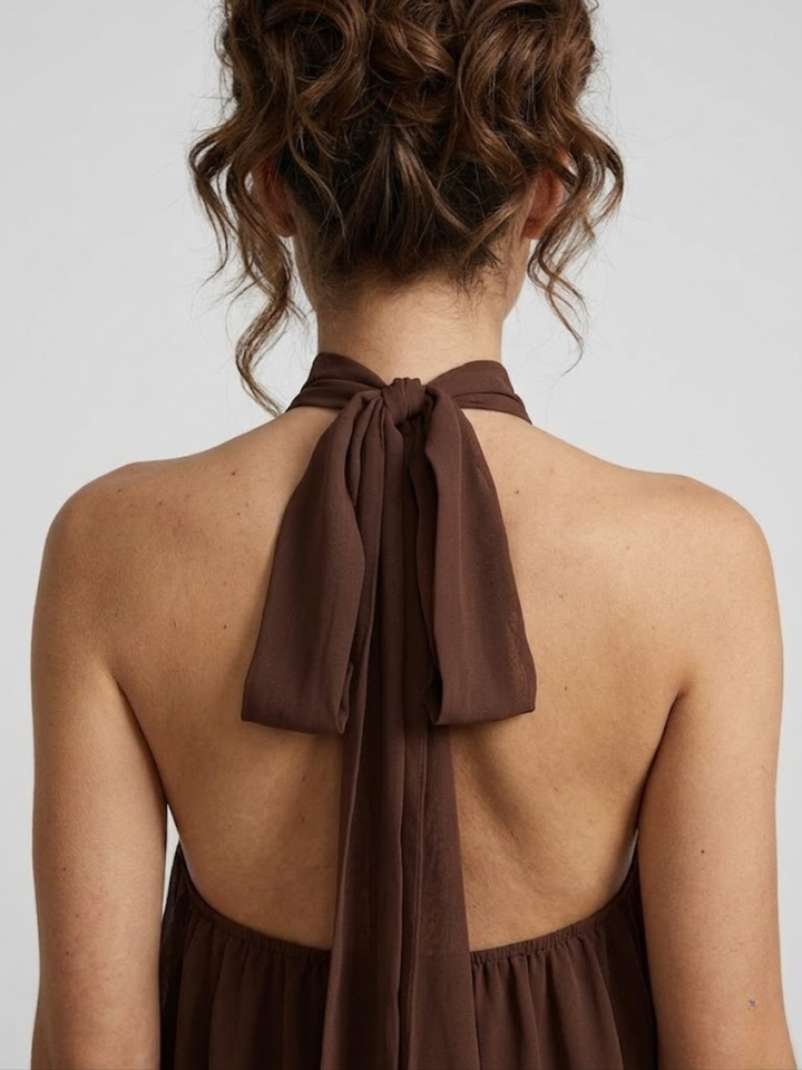 Dunkelbraunes Mira Minikleid mit elegantem Neckholder-Ausschnitt und offenem Rücken zum Binden.