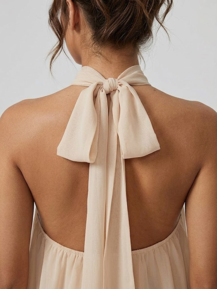 Beiges Mira Minikleid mit elegantem Neckholder, Bindeband am Nacken und offenem Rückenausschnitt aus luftigem Stoff.