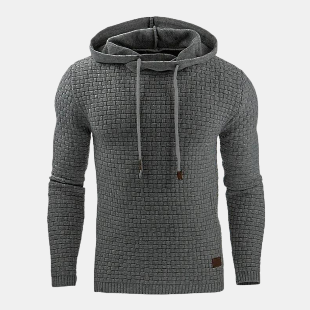 Grauer Herren-Kapuzenpullover mit strukturiertem Karomuster, Kapuze mit Kordelzug und gerippten Bündchen im Vintage-Look.