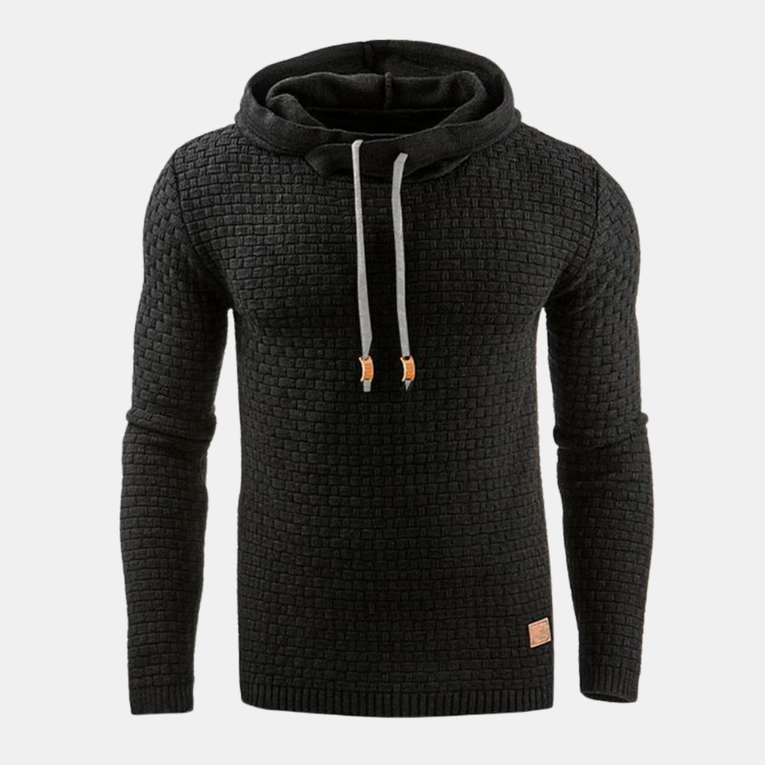 Schwarzer Herren-Kapuzenpullover mit strukturiertem Karomuster, Kapuze mit Kordelzug und gerippten Bündchen im Vintage-Look.