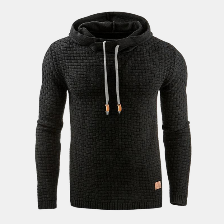 Schwarzer Herren-Kapuzenpullover mit strukturiertem Karomuster, Kapuze mit Kordelzug und gerippten Bündchen im Vintage-Look.