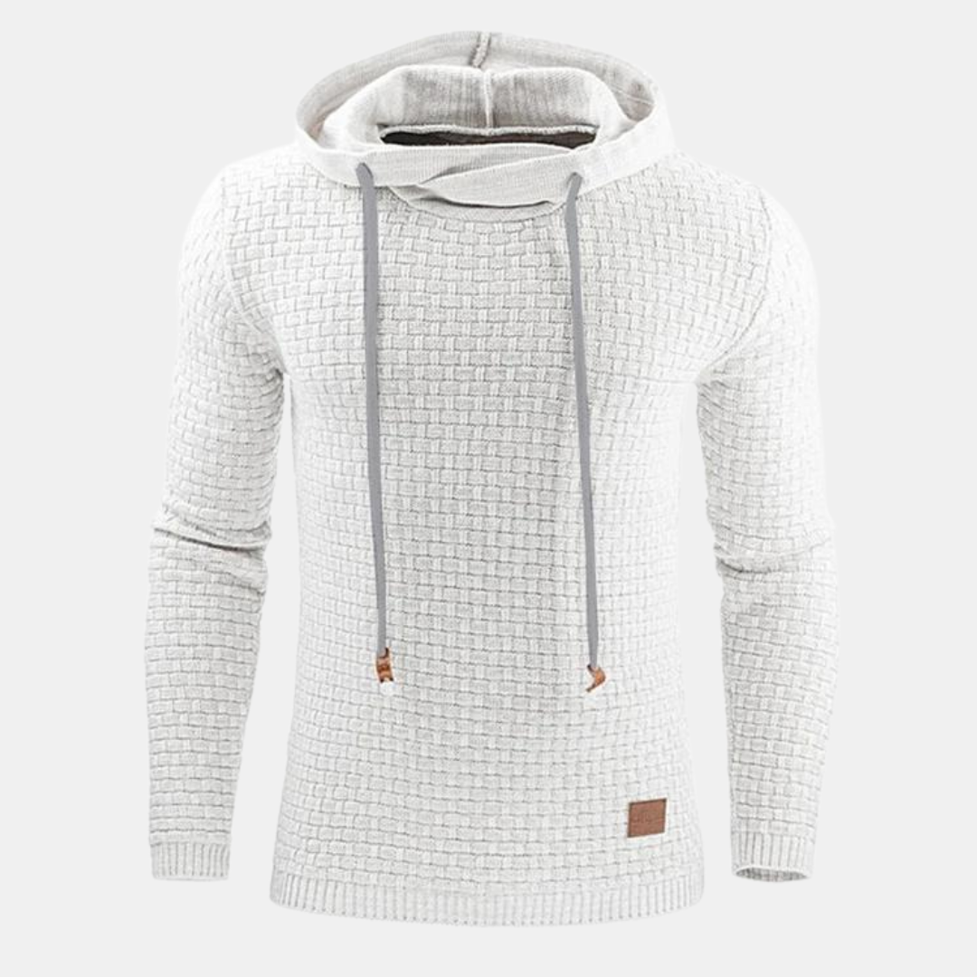 Weißer Herren-Kapuzenpullover mit strukturiertem Karomuster, Kapuze mit Kordelzug und dezentem Logo-Patch am Saum.