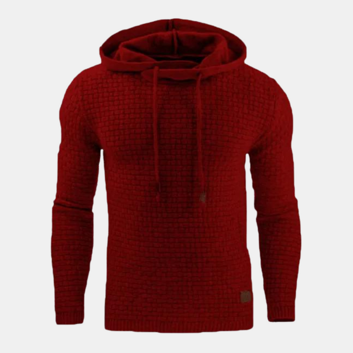 Dunkelroter Herren-Kapuzenpullover mit strukturiertem Karomuster, Kapuze mit Kordelzug und gerippten Bündchen im Vintage-Look.