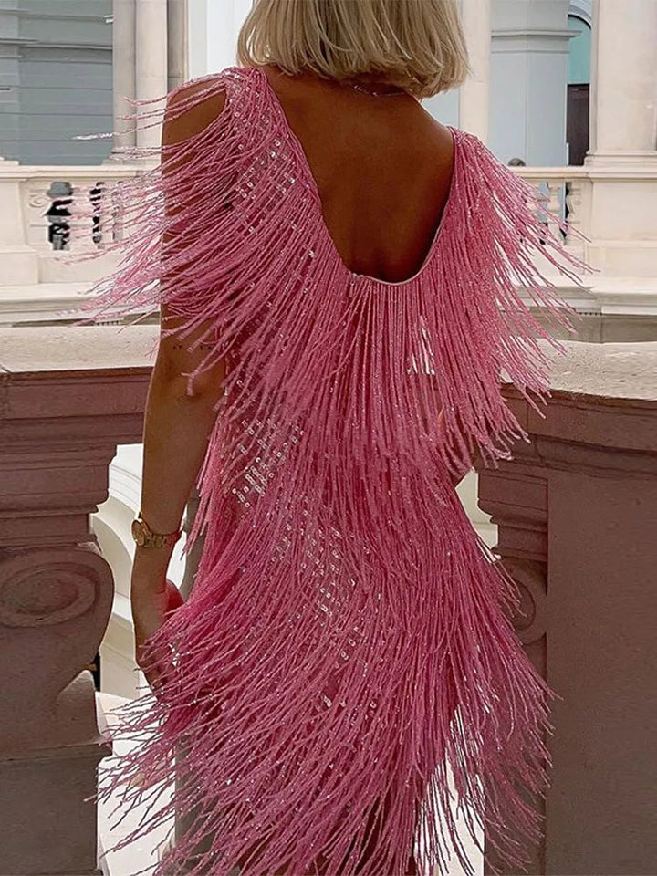 Rosa Nina Partykleid mit schimmernden Pailletten und Fransen am Rücken