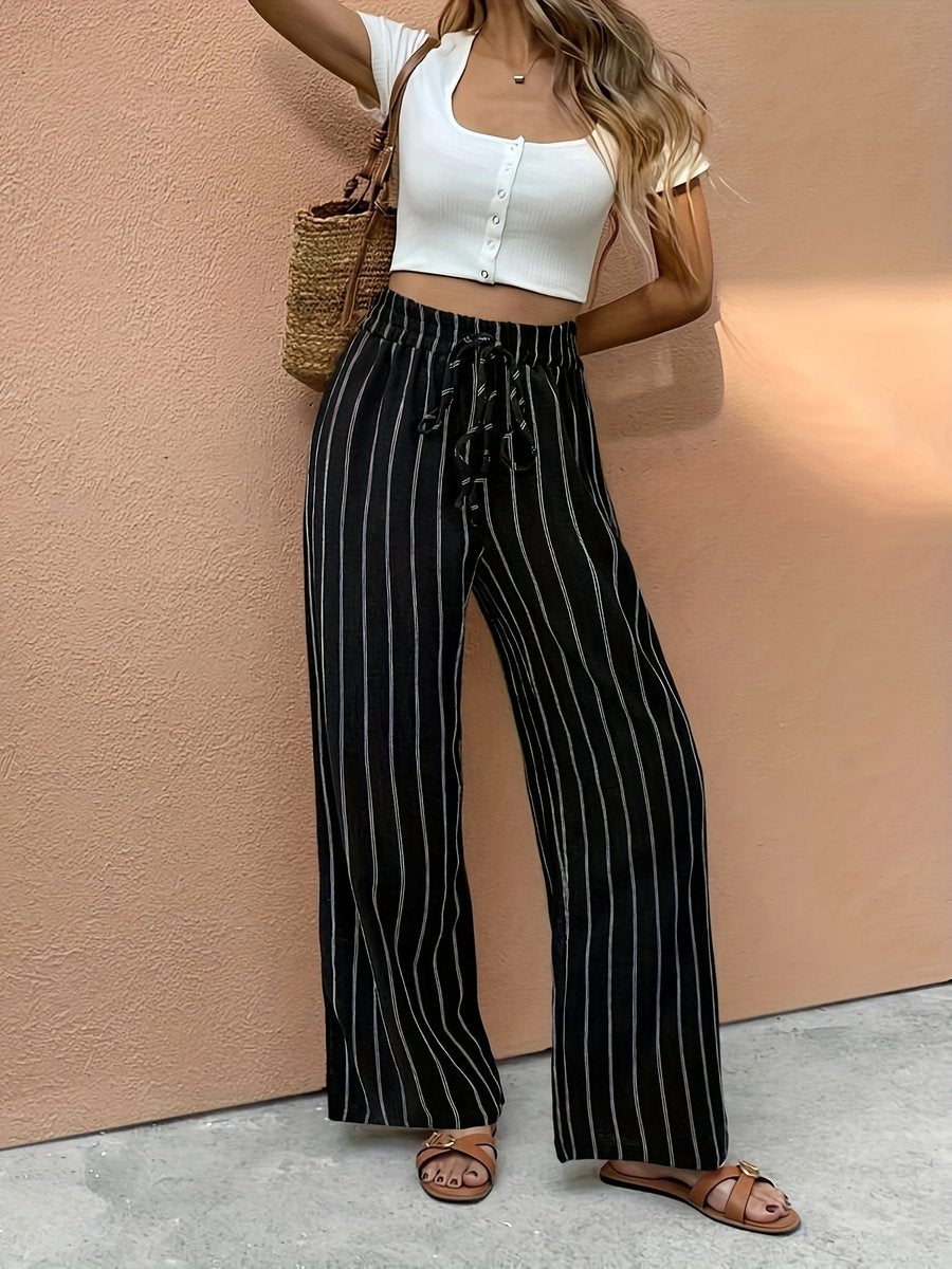 Nina | Damen Gestreifte High Waist Weite Hose