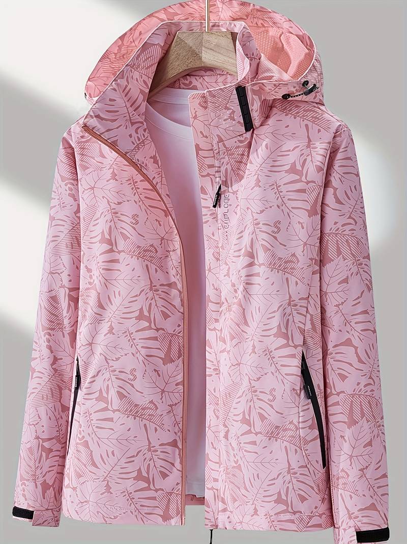 Rosa wasserdichte Damenjacke mit Kapuze, Reißverschluss und auffälligem Blätter-Print für Outdoor-Aktivitäten.