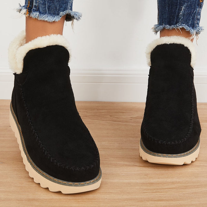Schwarze Damen-Winterstiefeletten in Wildlederoptik mit flauschigem Kunstfell-Kragen und gerippter Laufsohle.