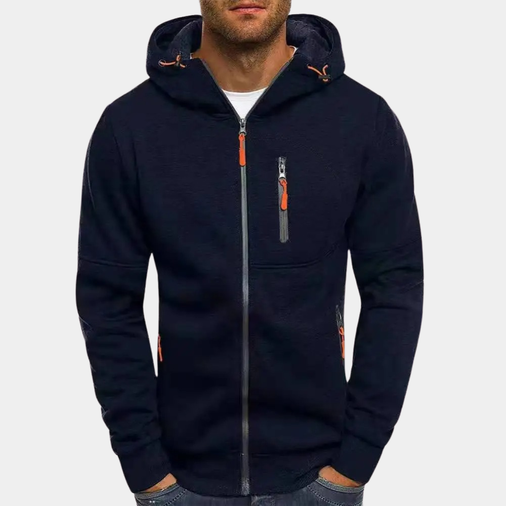 Dunkelblaue Herren-Sweatjacke mit Kapuze, Reißverschlüssen in Kontrastfarbe und praktischer Brusttasche.