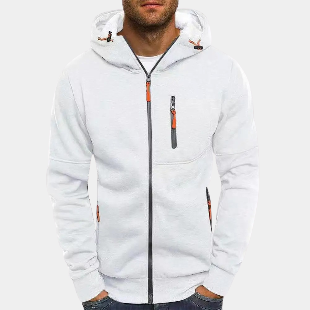 Weiße Herren-Kapuzen-Sweatjacke mit Reißverschluss, Brusttasche und kontrastierenden orangefarbenen Zipper-Details.