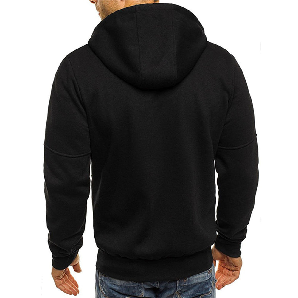 Schwarze Herren-Sweatjacke mit Kapuze, lockerem Schnitt und weichem Material in der Rückenansicht.