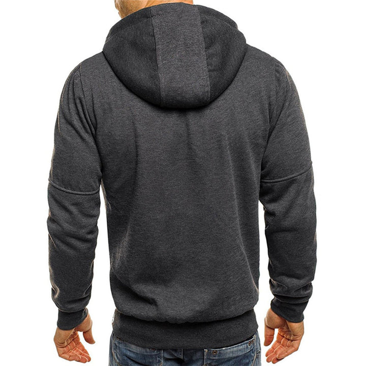 Dunkelgraue Herren-Kapuzen-Sweatjacke mit Reißverschluss, Kapuze und bequemer Passform für den Alltag.