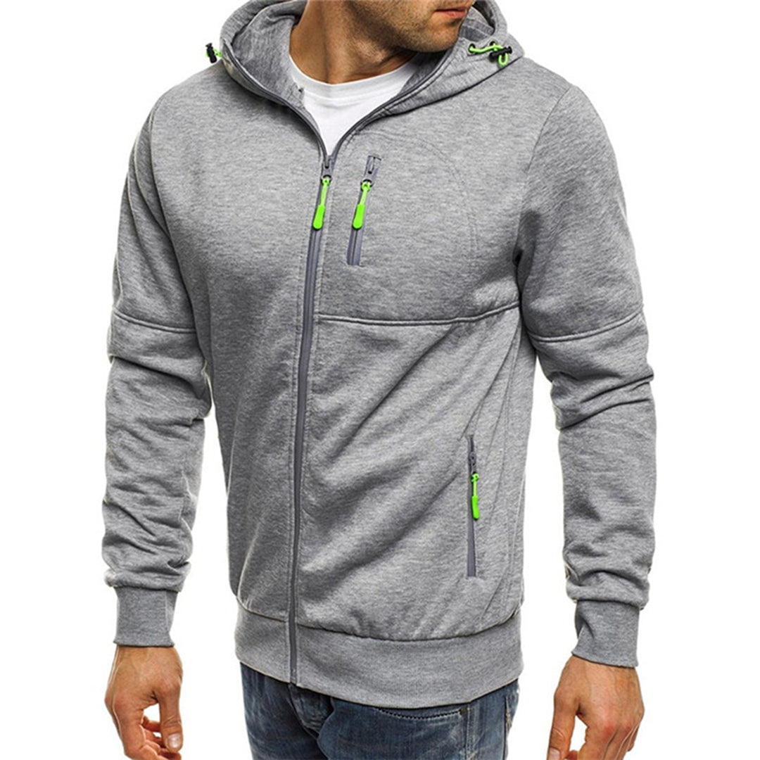 Graue Herren-Sweatjacke mit Kapuze, Reißverschlüssen und markanten neongrünen Zipper-Details.