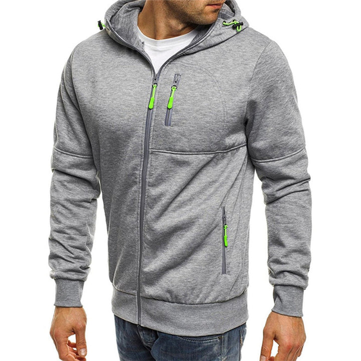 Graue Herren-Sweatjacke mit Kapuze, Reißverschlüssen und markanten neongrünen Zipper-Details.