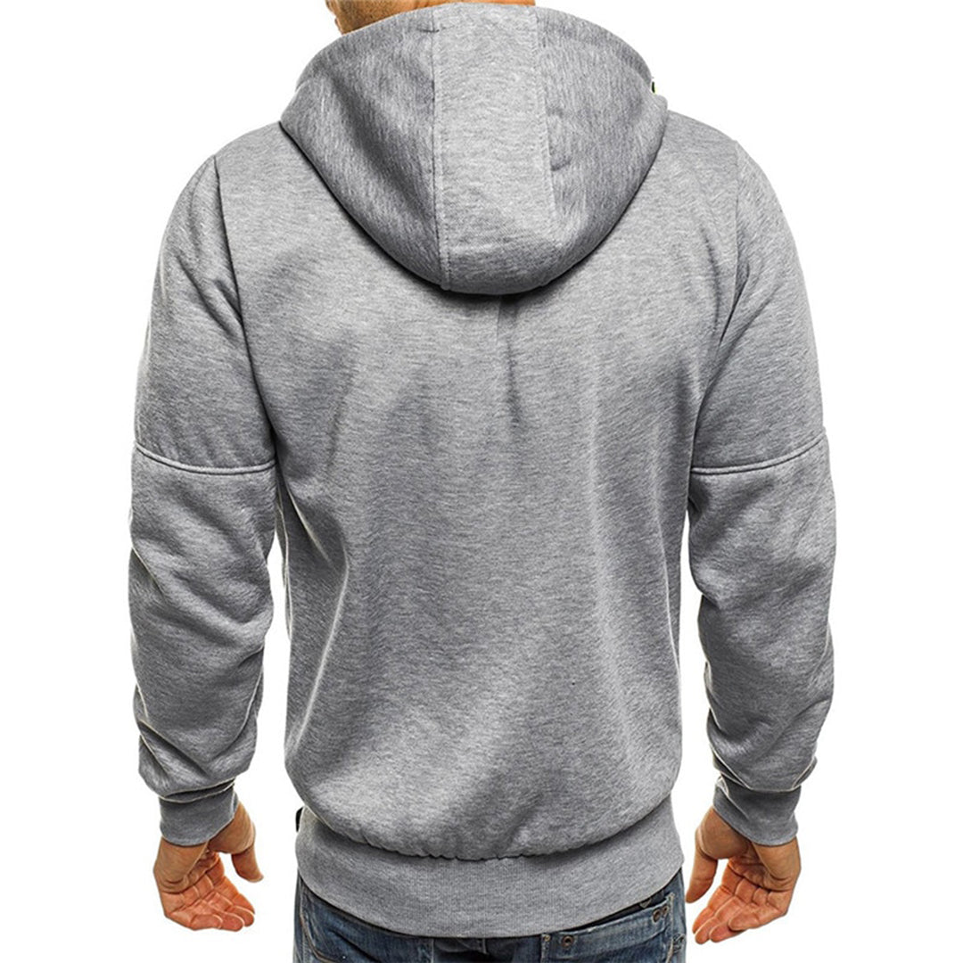 Graue Herren-Kapuzen-Sweatjacke Noah mit Reißverschluss und bequemer Passform in der Rückenansicht.