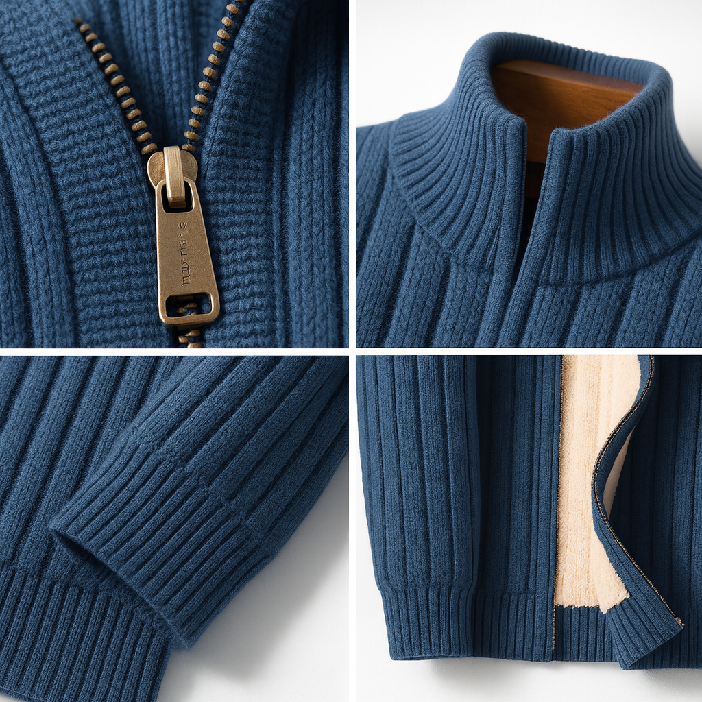 Blaue Herren-Strickjacke mit Reißverschluss, Stehkragen und geripptem Strickmuster im Detail.