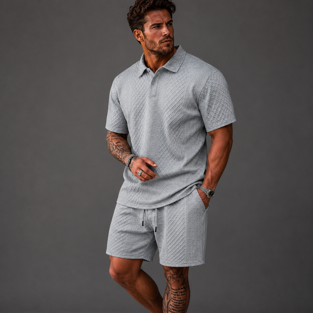 Graues Rafael Herren-Set aus Poloshirt und Shorts mit strukturierter Jacquard-Optik und Kordelzug.