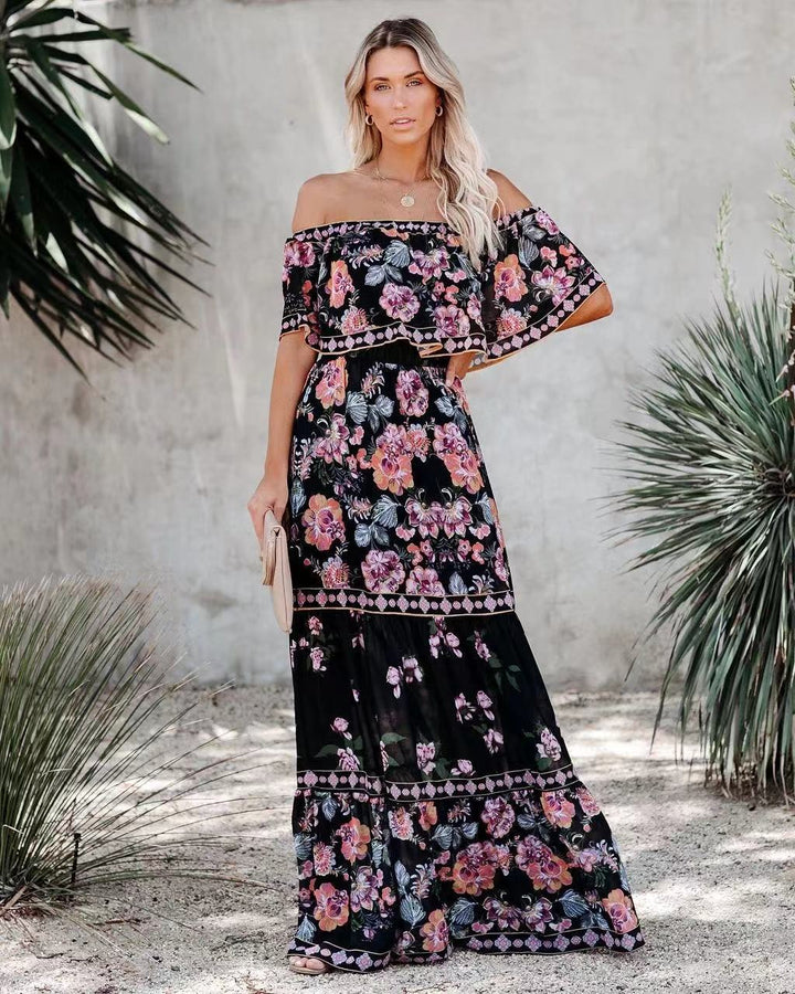 Schwarzes Off-Shoulder-Maxikleid Rahel mit buntem Blumenmuster und Volants