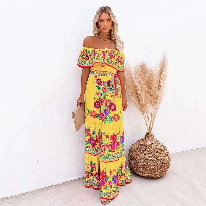 Gelbes Rahel Off-Shoulder Maxikleid mit buntem Blumenmuster und Bindegürtel