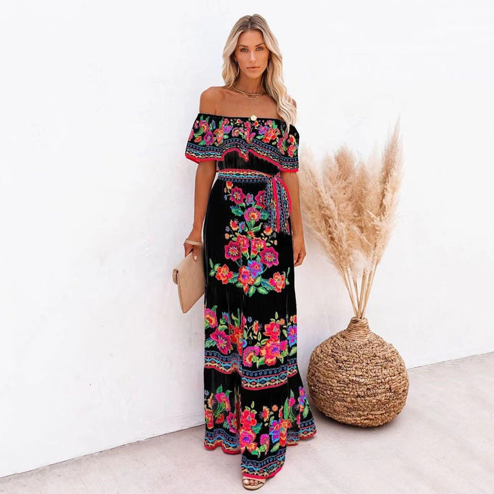 Schwarzes Off-Shoulder-Maxikleid Rahel mit buntem Blumenmuster und Taillenband
