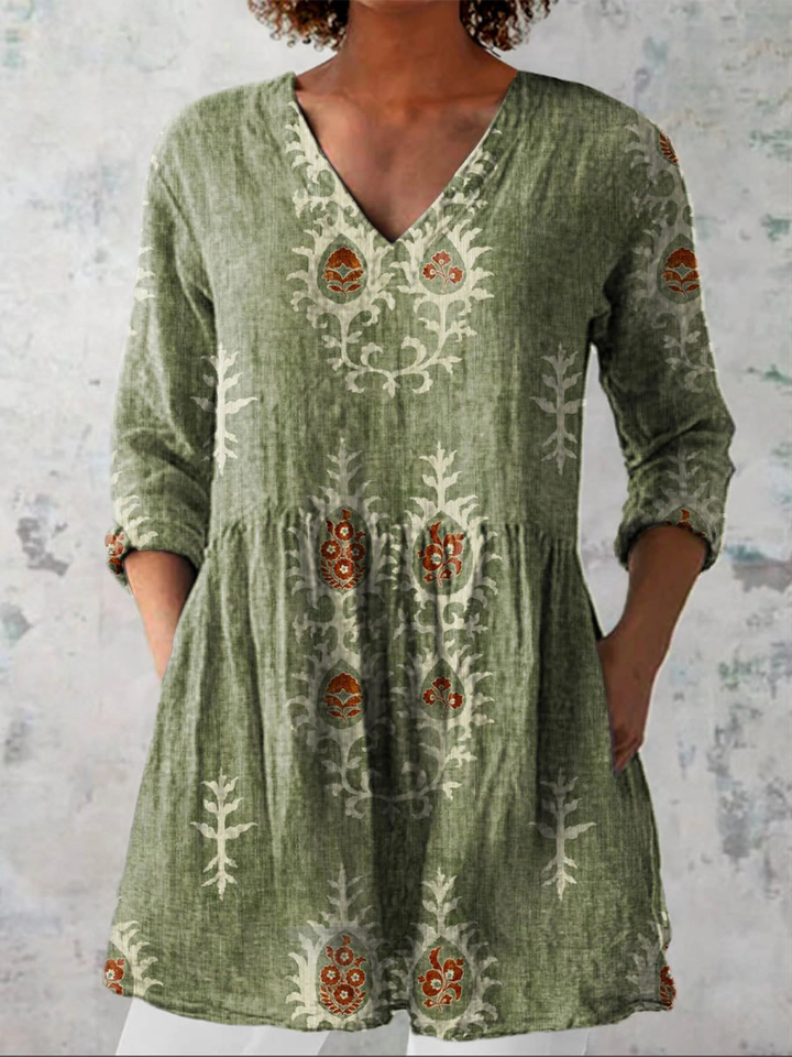 Grüne Damen-Tunika mit V-Ausschnitt, Boho-Blumenmuster und gerafftem Bund in lockerer Passform.